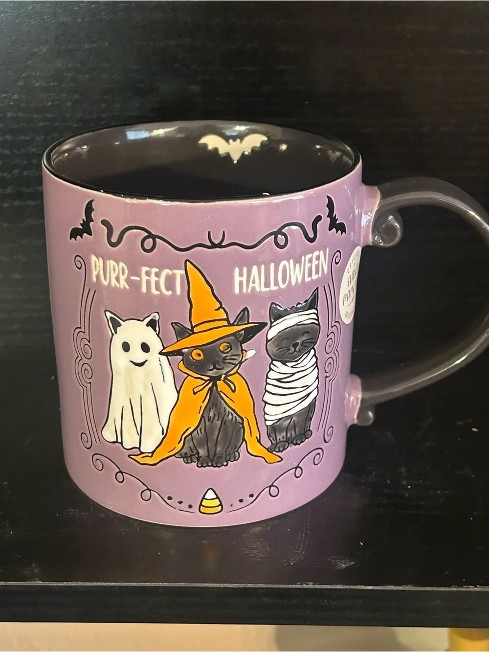 Purple Halloween Cat Ceramic Mug with Witch and Ghost Design
